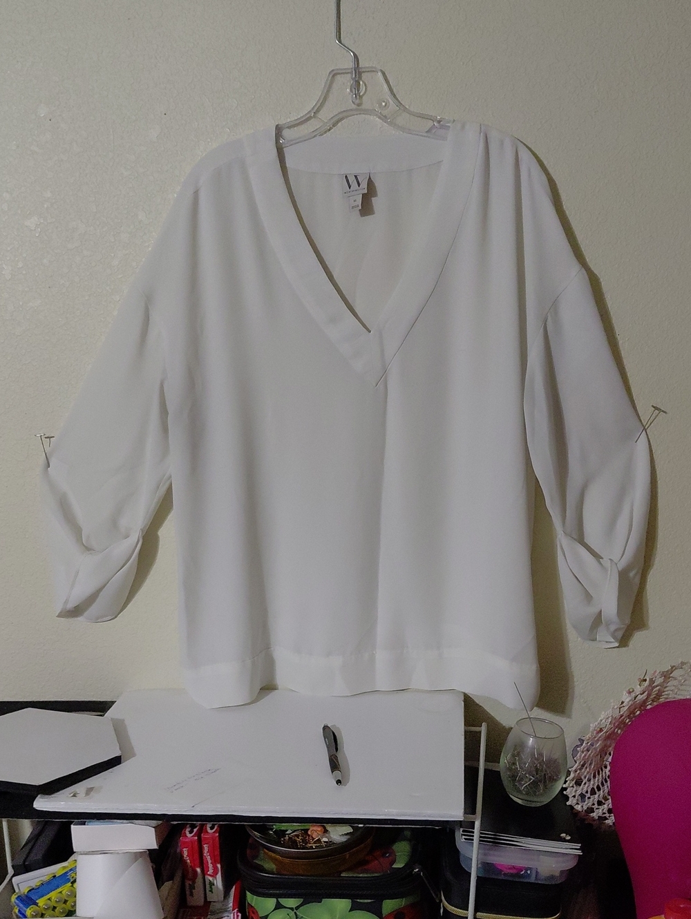 Worthington Cream V-Neck Three-Quarter Sleeve Blouse